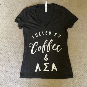 “Fueled By Coffee & Alpha Sigma Alpha” Size Medium fitted T-shirt